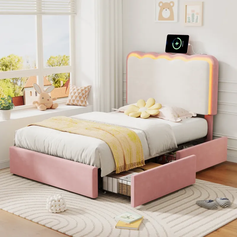 3ft Single Velvet Upholstered Bed with LED Wavy Headboard and Drawers - Pink & Cream White