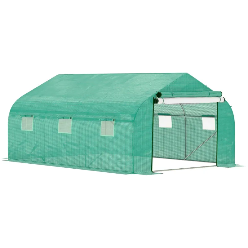 4.5m x 3m Walk-in Polytunnel Garden Greenhouse with Mesh Door and 6 Windows - Green