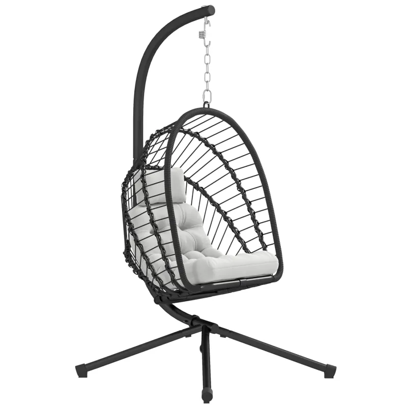 Rattan Hanging Egg Chair with Foldable Basket and Stand, Black