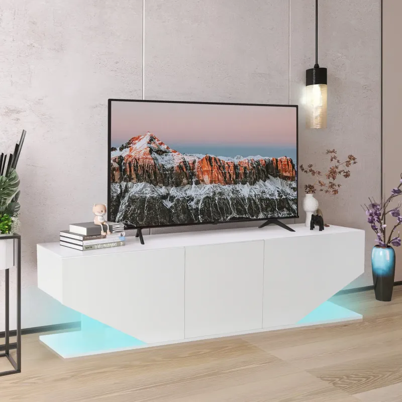 140cm White LED TV Stand with 3 Cabinets and 16-Colour Lights for TVs up to 65 Inch