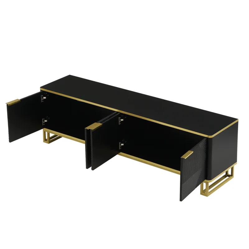 MDF and Metal TV Unit, 160cm, in Black and Gold, with 4 Geometric Doors
