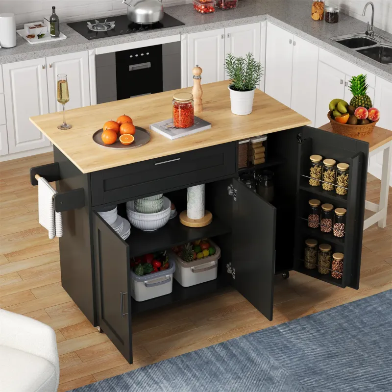 Kitchen Island on Wheels with Foldable Oak-Look Worktop, 132.5cm