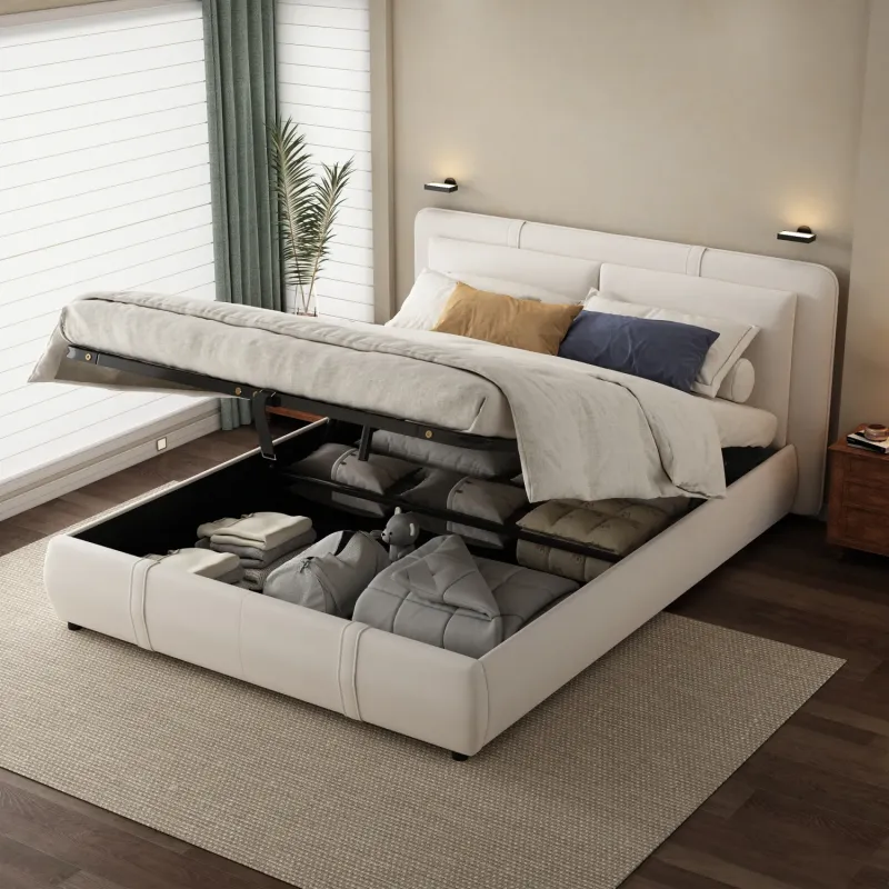 Beige Velvet 4ft6 Double Storage Bed with Hydraulic Lift and Removable Headboard