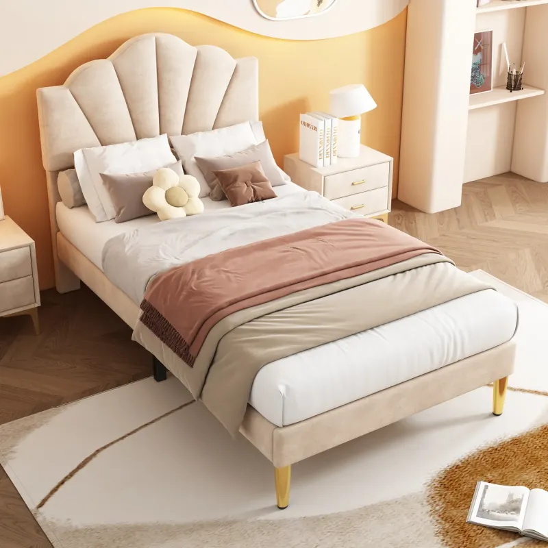 Velvet Shell Single 3ft Bed Frame with Gold Legs - Beige