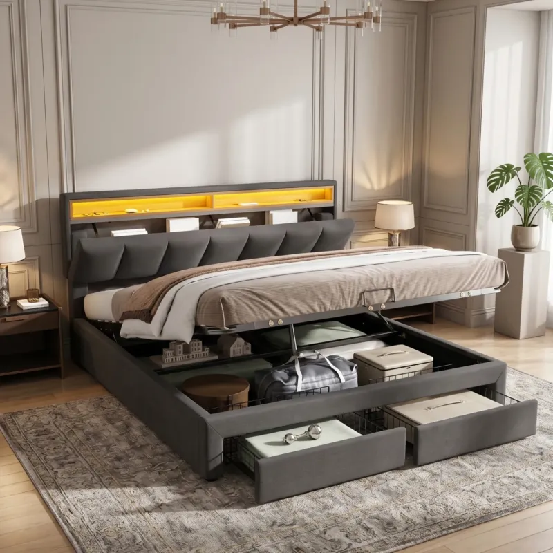 Grey Linen 4ft6 Double Storage Bed with LED Headboard and Hydraulic Lift