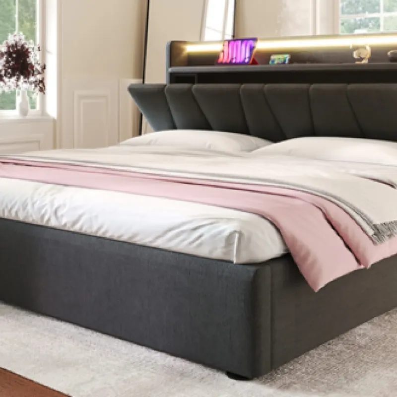 Grey Linen 4ft6 Double Storage Bed with LED Headboard and USB Charging