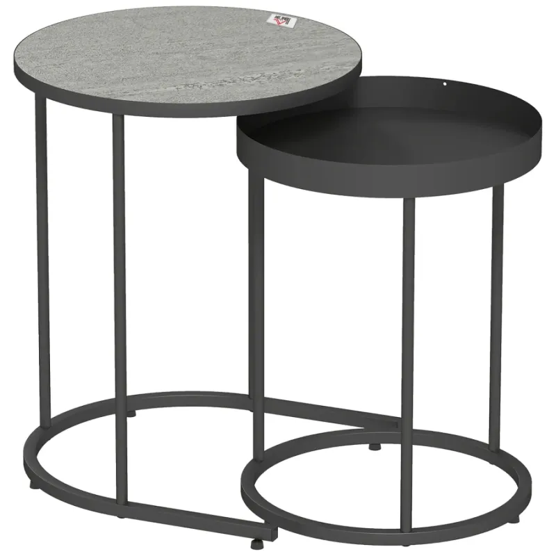  Set of 2 Industrial Nesting Side Tables with Tray Tops - Grey Wood Effect