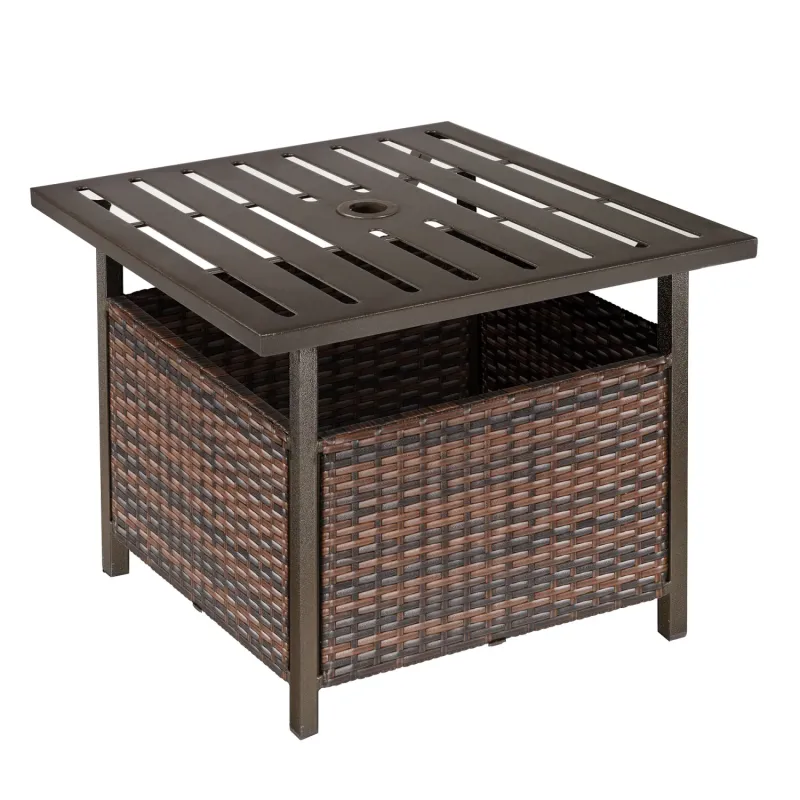 55.5cm Square Rattan Garden Coffee Table with Parasol Hole - Brown