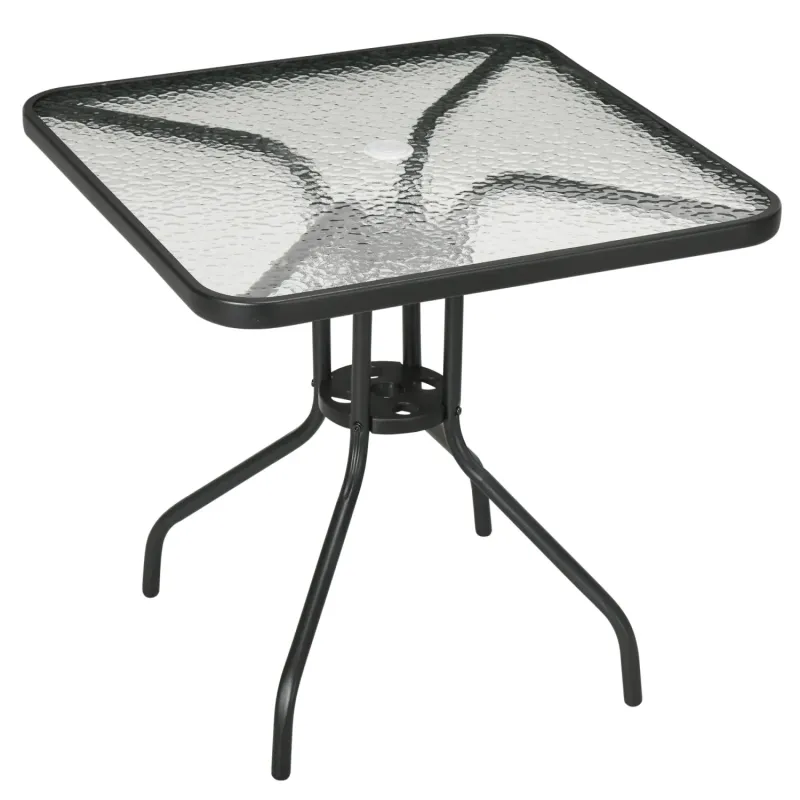 Square Garden Dining Table with Tempered Glass Top & Parasol Hole, 76cm