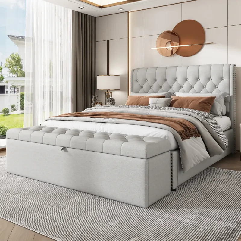 Light Grey Upholstered Storage Bed with Matching Bench - Double 4ft 6in