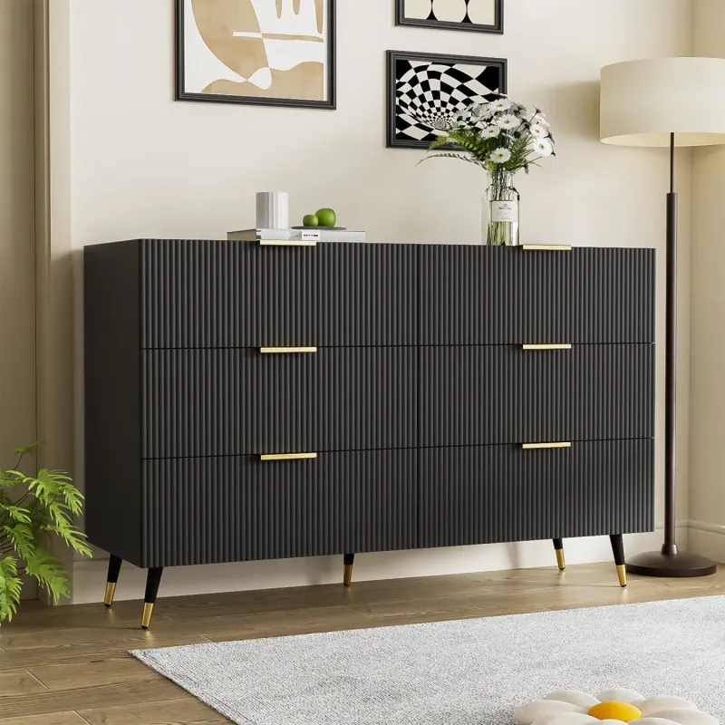 Modern 120cm 6-Drawer Sideboard with Wavy Texture and Gold Accents - Black