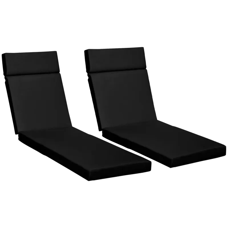 Set of 2 Sun Lounger Replacement Cushions, 196 x 55cm - Black