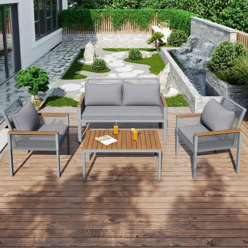 4 Seater Rattan Garden Lounge Set with Acacia Wood - Grey