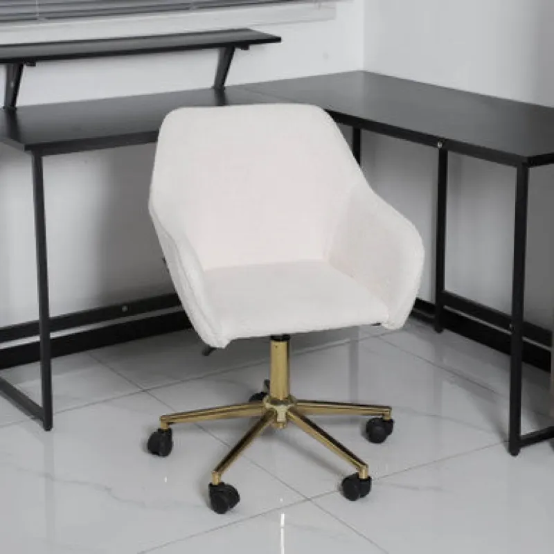 White Teddy Fabric Swivel Office Chair with Gold Base