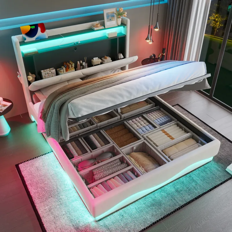 Modern Velvet Ottoman Storage Bed with LED Headboard and USB - Beige - 150x200cm