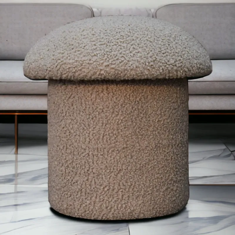 Brown Boucle Mushroom Footstool with Solid Mango Wood Base
