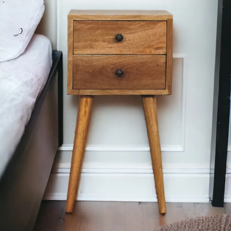 Mini Solid Mango Wood Bedside Table with 2 Drawers - Oak-ish Finish