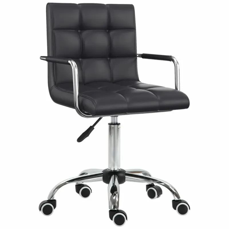 PU Leather Home Office Chair with Grid Padding - Black