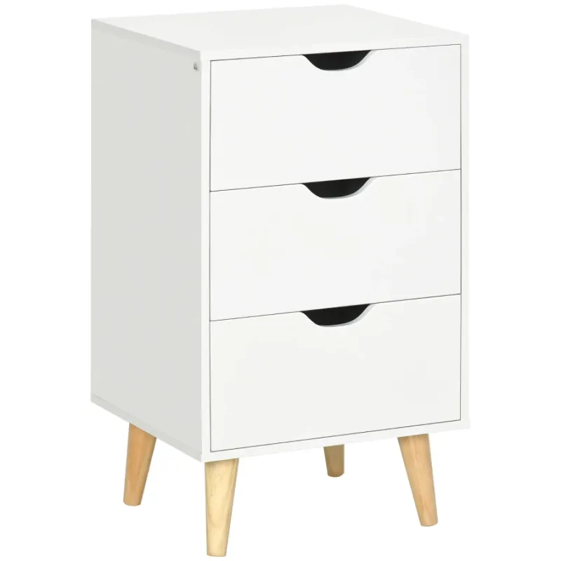 3 Drawer Bedside Table with Wooden Legs - White