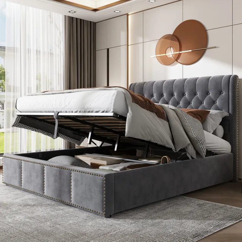 King Size Grey Velvet Ottoman Bed with Rivet Detail