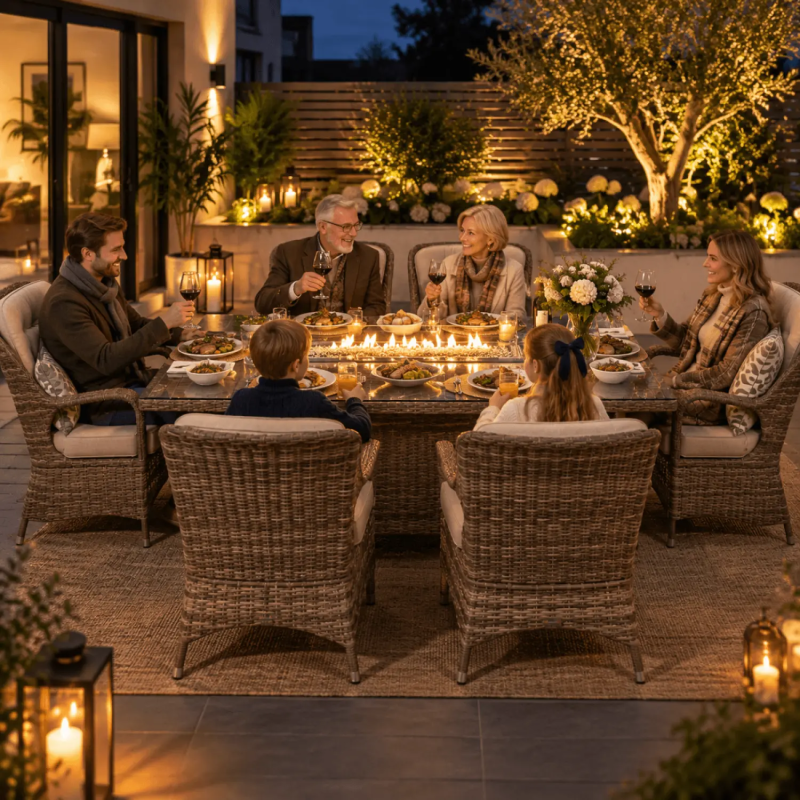 6-Seater Rattan Fire Pit Dining Set with 180cm Rectangular Table - Grey
