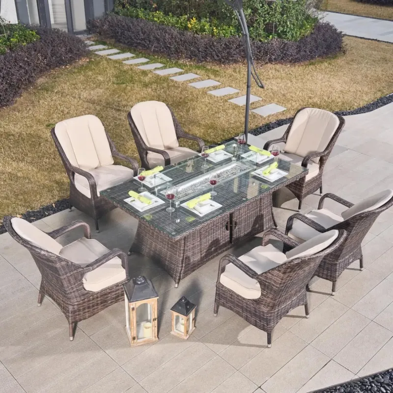 6-Seater Rattan Fire Pit Dining Set with 180cm Rectangular Table - Grey