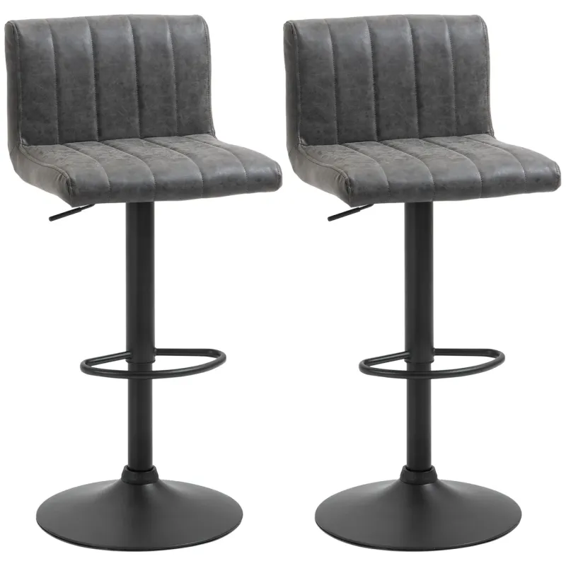 Bar Stools, Set of 2, PU Leather in Grey with Adjustable Height and Swivel