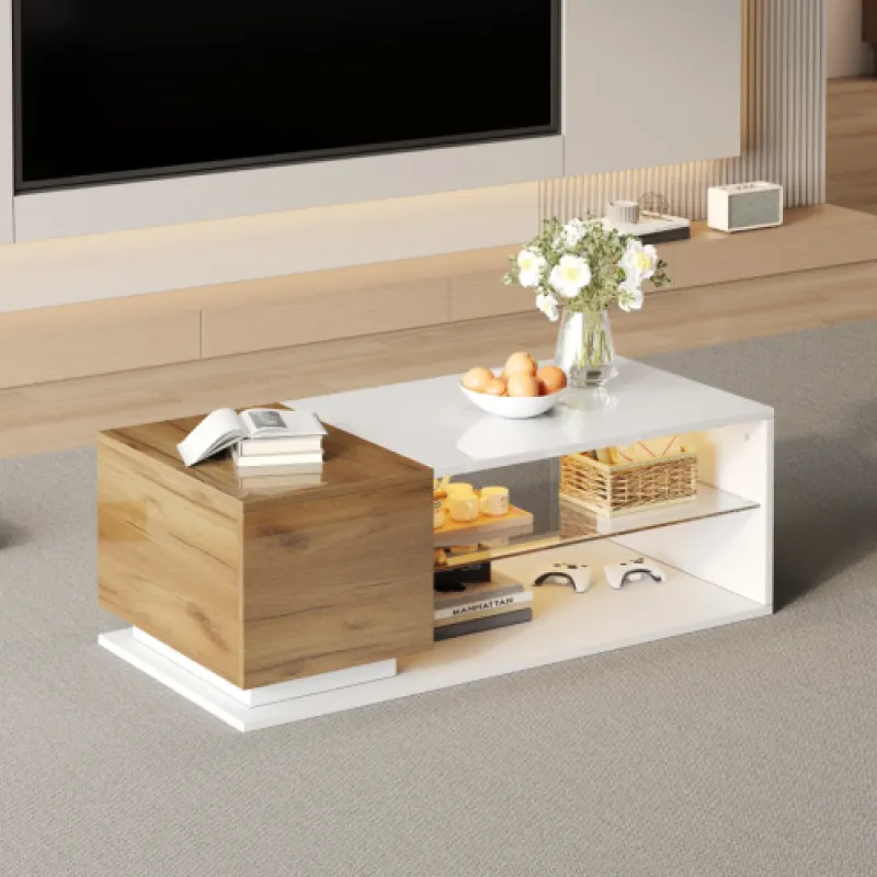 Modern White and Wood LED Coffee Table with High Gloss Finish and Storage