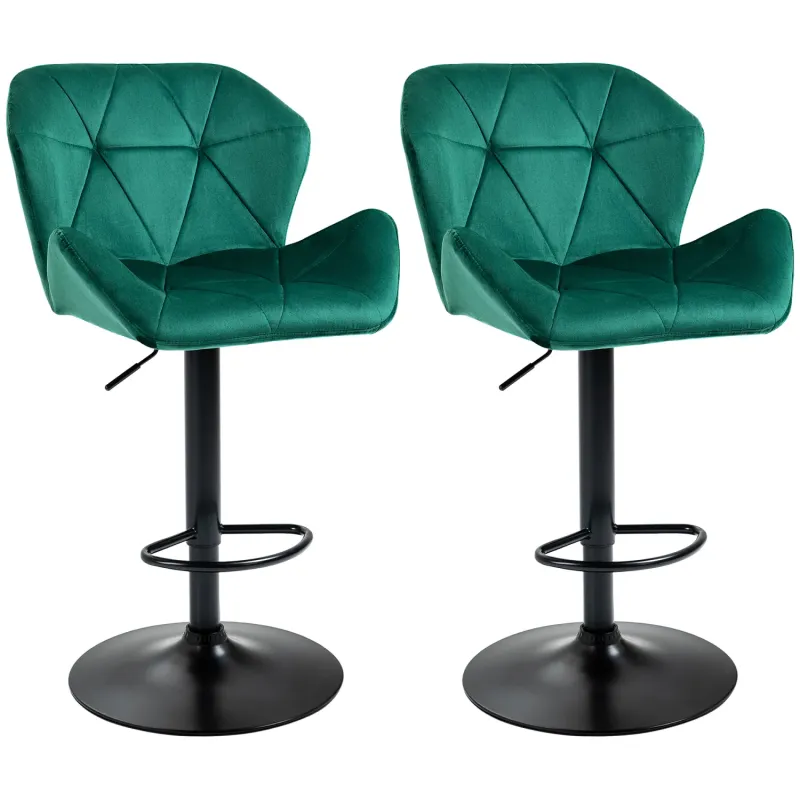  Set of 2 Green Velvet Bar Stools with Wing Back and Adjustable Swivel Base