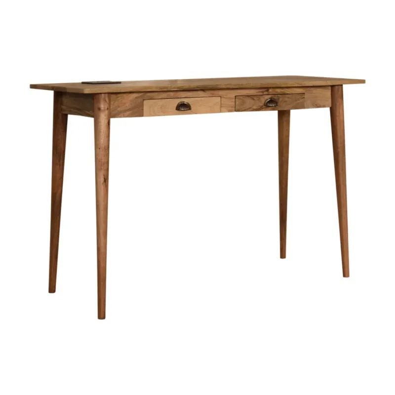 Solid Mango Wood 2-Drawer Writing Desk with Nordic Legs - Oak-ish Finish