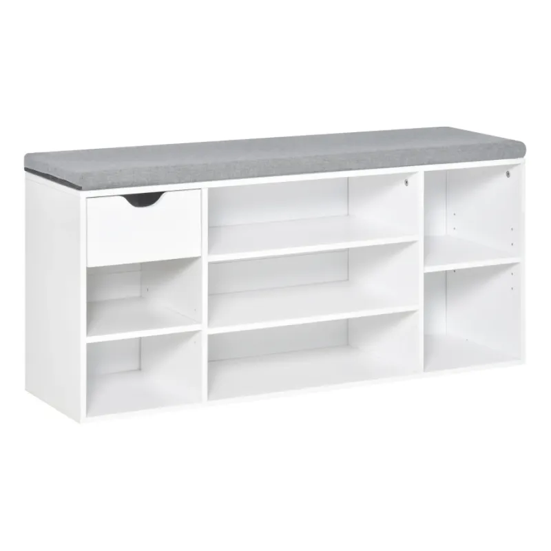 7 Compartment Shoe Storage Bench with Padded Seat and Drawer - White
