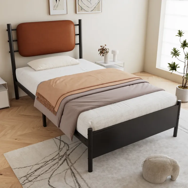 3ft Single Metal Bed Frame with PU Upholstered Headboard - Black