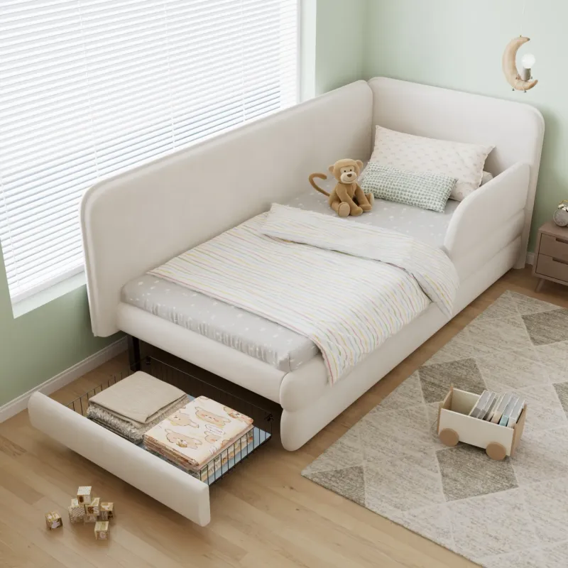 3ft Single Beige Velvet Upholstered Bed with Footboard Storage Drawer and Side Rails