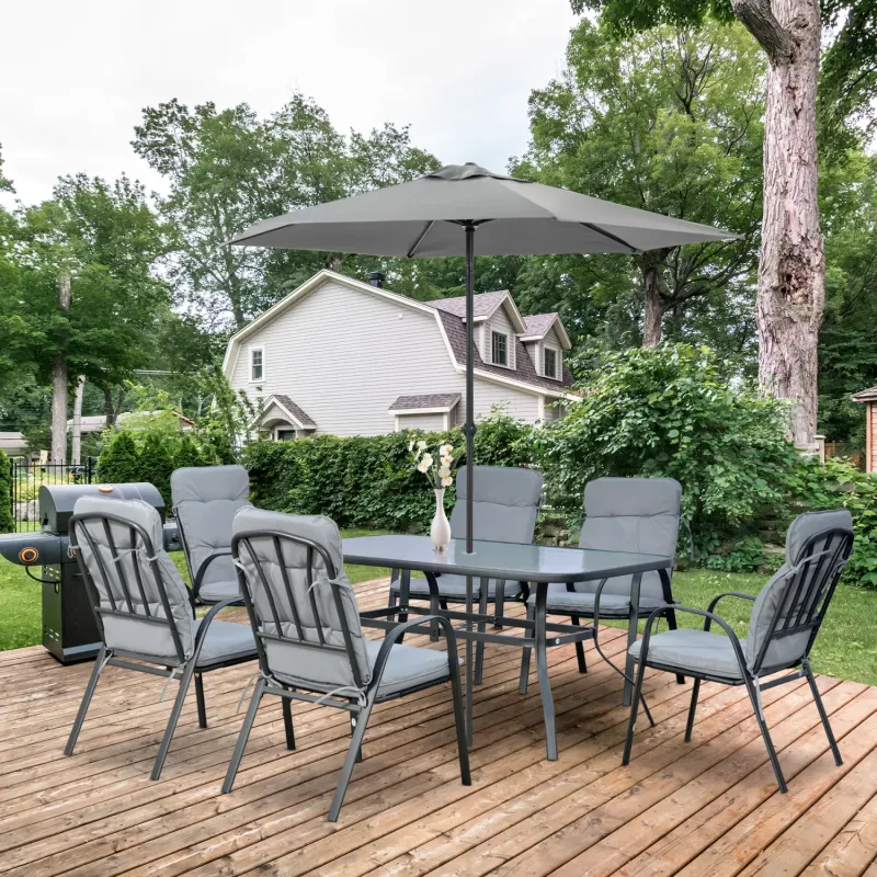  6-Seater Garden Dining Set with Glass Top Table and Padded Chairs - Grey