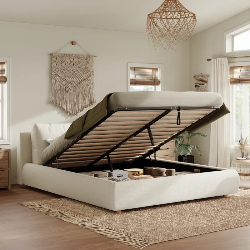 4ft6 Double Ottoman Storage Bed Frame in Warm White Boucle