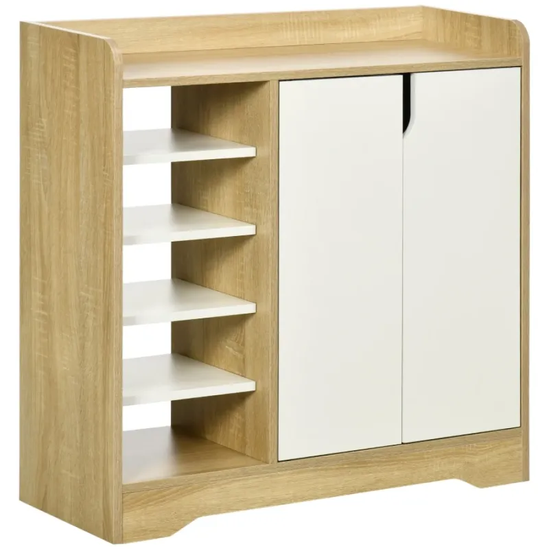 Shoe Storage Cabinet with Double Doors and Open Shelves - Natural and White