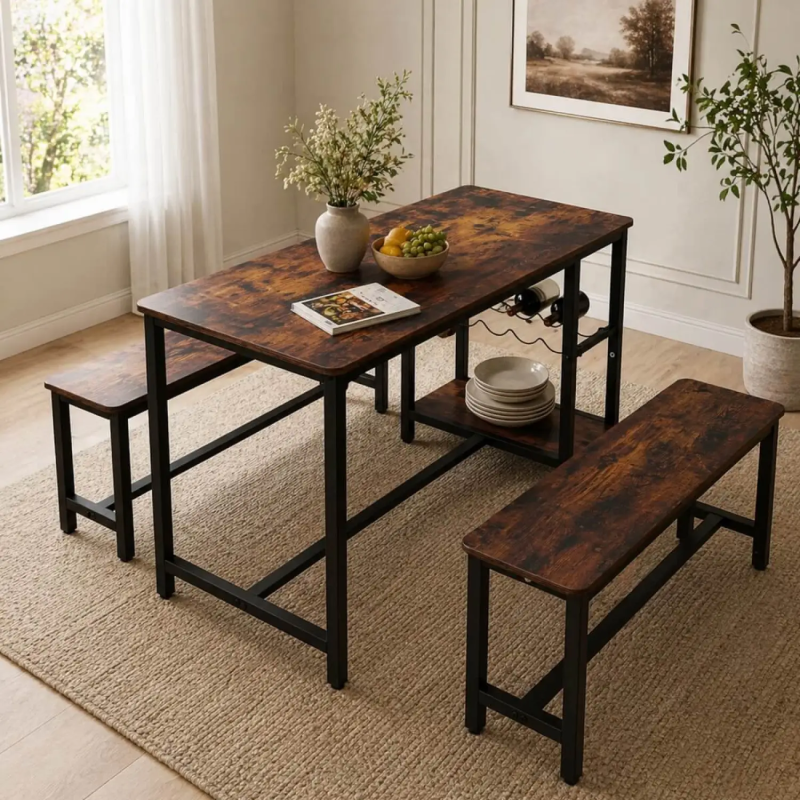 3-Piece Industrial Dining Table and Bench Set - Brown Wood Effect