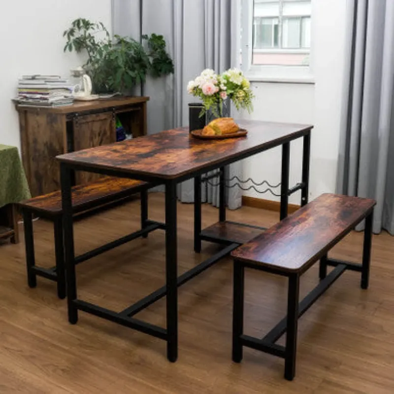 3-Piece Industrial Dining Table and Bench Set - Space Saving Brown Wood Effect