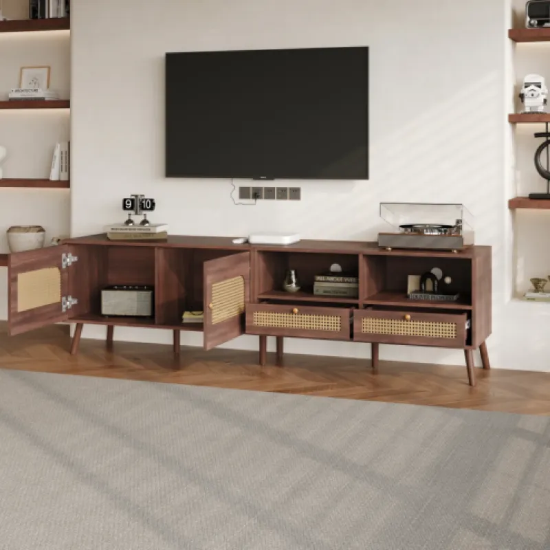 Rattan and Wood TV Unit, 200cm, in Dark Wood, with 2 Drawers and 2 Doors