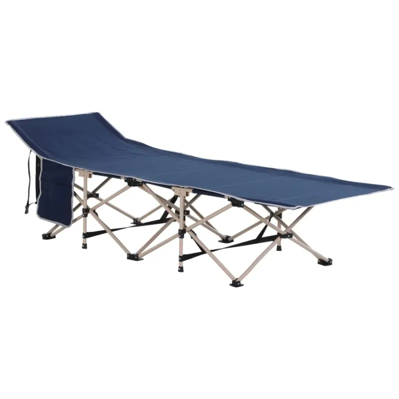 Folding Single Camping Bed with Side Pocket & Carry Bag - Blue