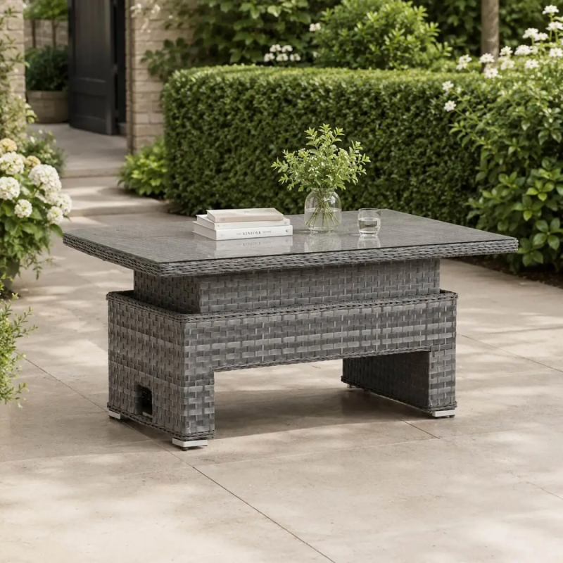 Rectangular Rattan Adjustable Height Garden Coffee Table in Grey