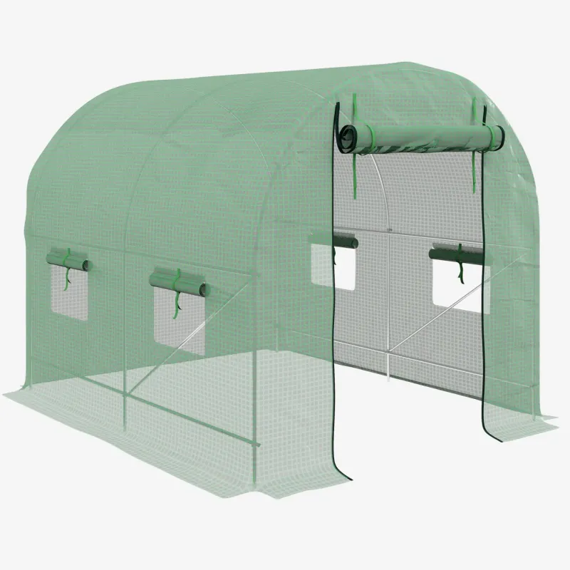 Polytunnel Greenhouse with Steel Frame and 4 Windows - 2.5 x 2m, Green