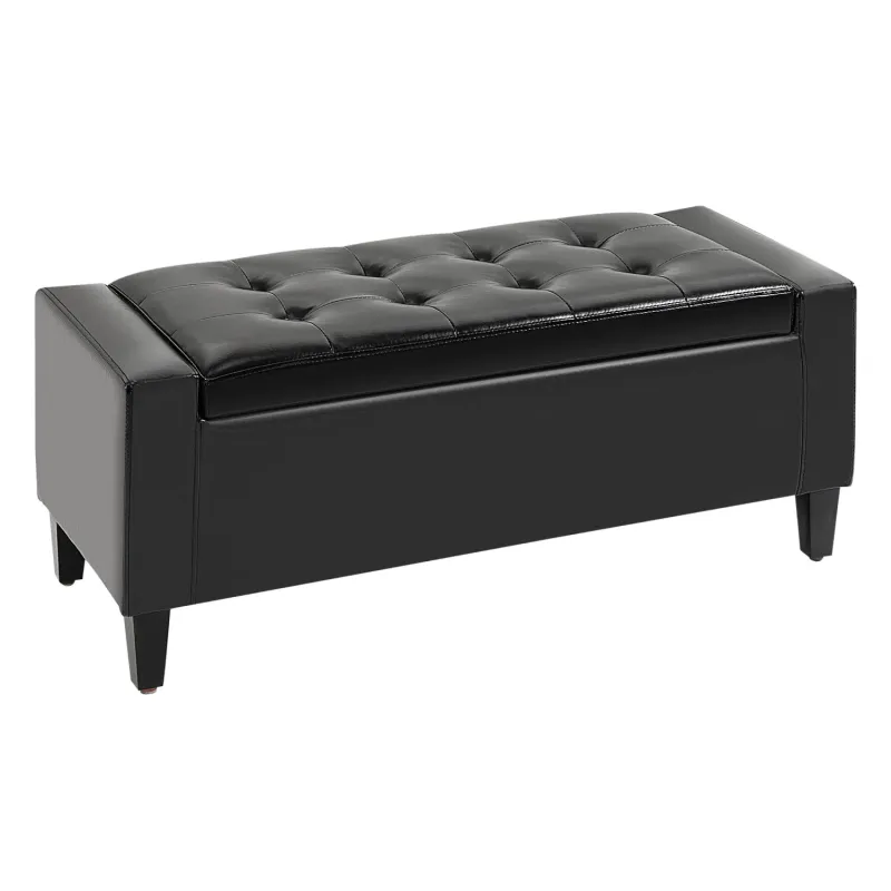 Tufted Faux Leather Storage Ottoman Bench - Black