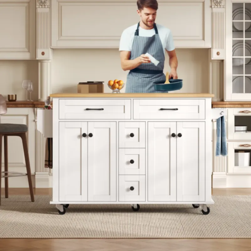 Kitchen Island with Foldable Dropleaf Worktop and 5 Drawers