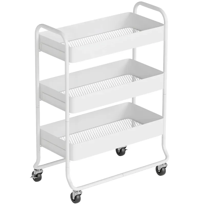  3-Tier Metal Rolling Storage Trolley with Mesh Baskets - White