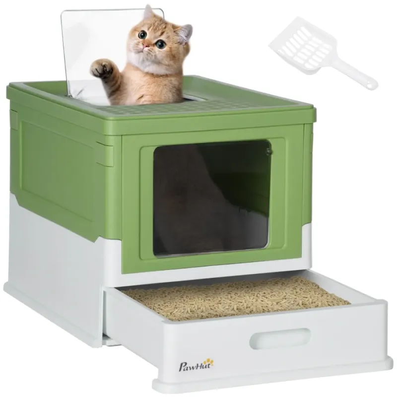 Hooded Cat Litter Box with Top Exit and Removable Tray - Light Green