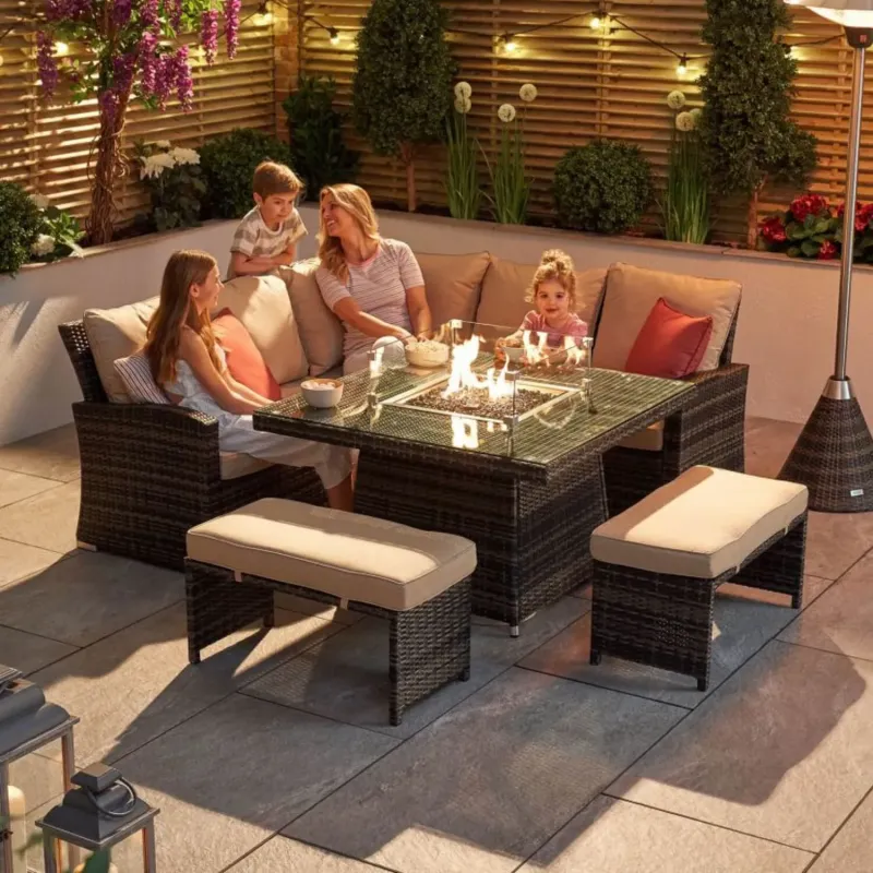 8-Seater Rattan Corner Sofa Set with Square Fire Pit Table and 2 Benches