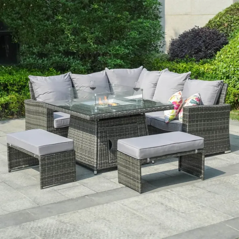 8-Seater Rattan Corner Sofa Set with Square Fire Pit Table and 2 Benches