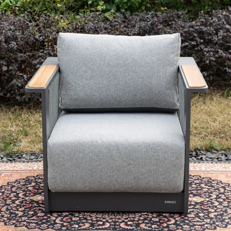 Talara Aluminium Outdoor Armchair with Teak Armrests and Rope Detail
