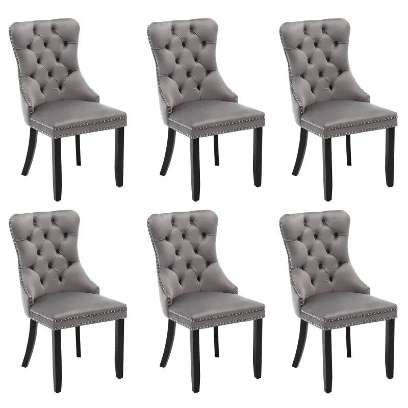 Set of 6 Grey Velvet Wingback Dining Chairs with Button Tufting and Knocker Ring